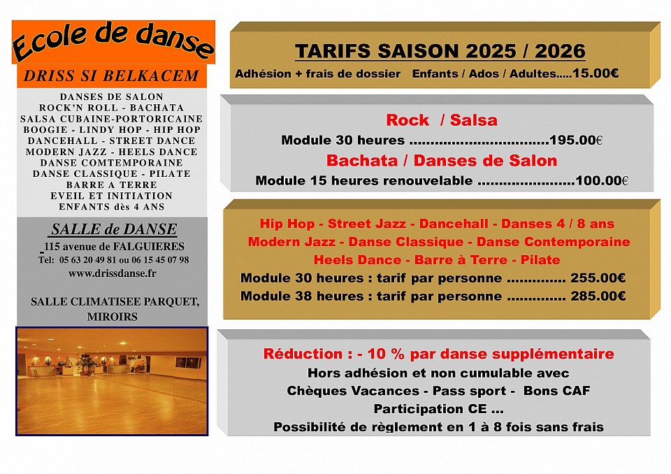 danse driss tarifs 2025-2026