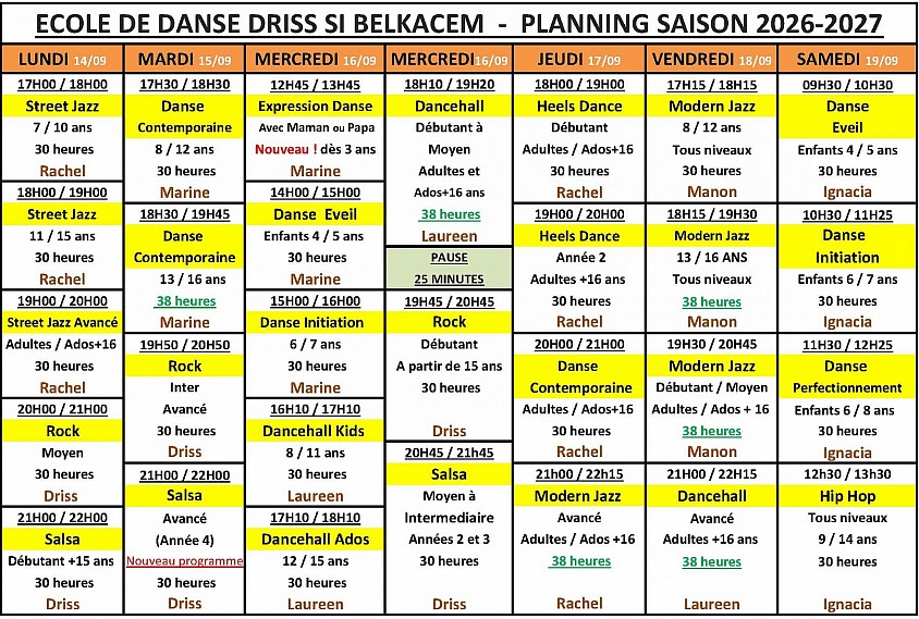 Planning nouvelle saison 2026-2027 danses à deux .danses  danses solo enfant aos éveil street hip hop dancehall jazz classique